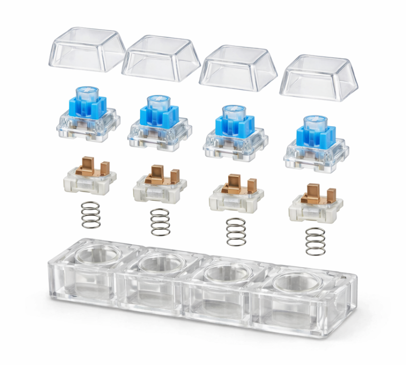 Exploded view of NeuroKeys keycaps, switches and springs